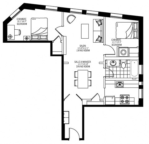 Floor plan for 2 beds, 1 bath, 798 sqft